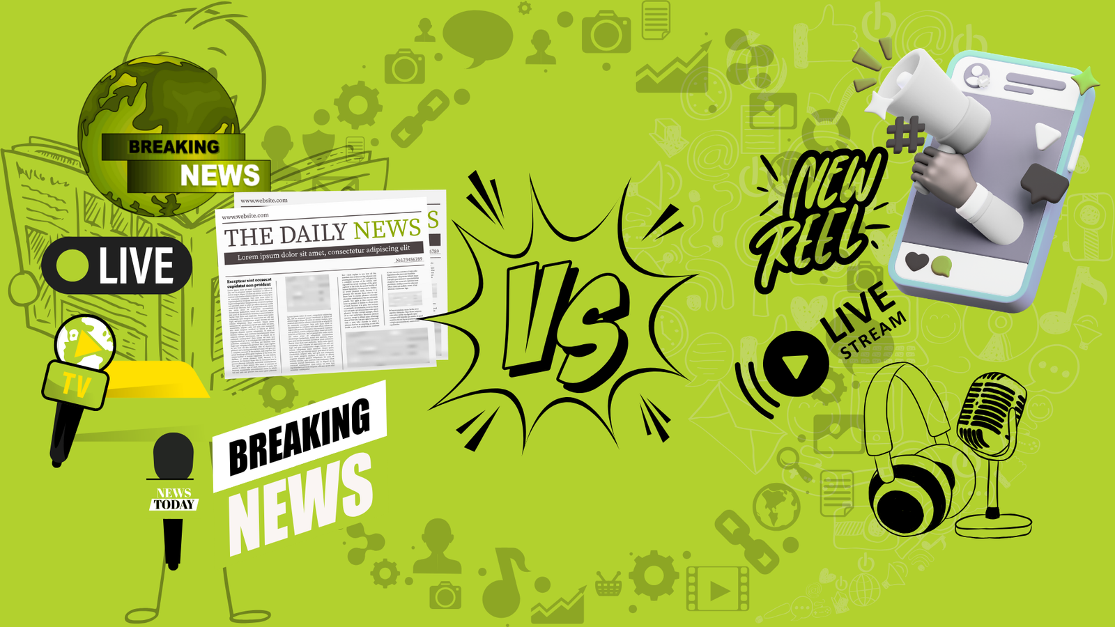 A digital illustration comparing traditional media and digital media on a lime green background. The left side features icons representing traditional media, including a newspaper, television, and microphones, labeled "Traditional Media." The right side showcases digital media elements like a tablet with a podcast app, headphones with a microphone, and a keyboard, labeled "Digital Media." A bold "VS" in the center separates the two sides, and background elements include icons of a film camera, satellite, and chat bubbles, symbolizing communication and broadcasting.